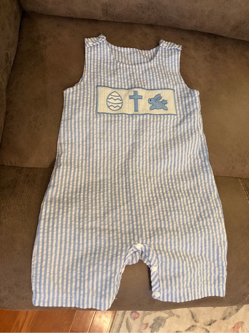 Blue and White Striped Seersucker Baby Romper with Easter Appliqué